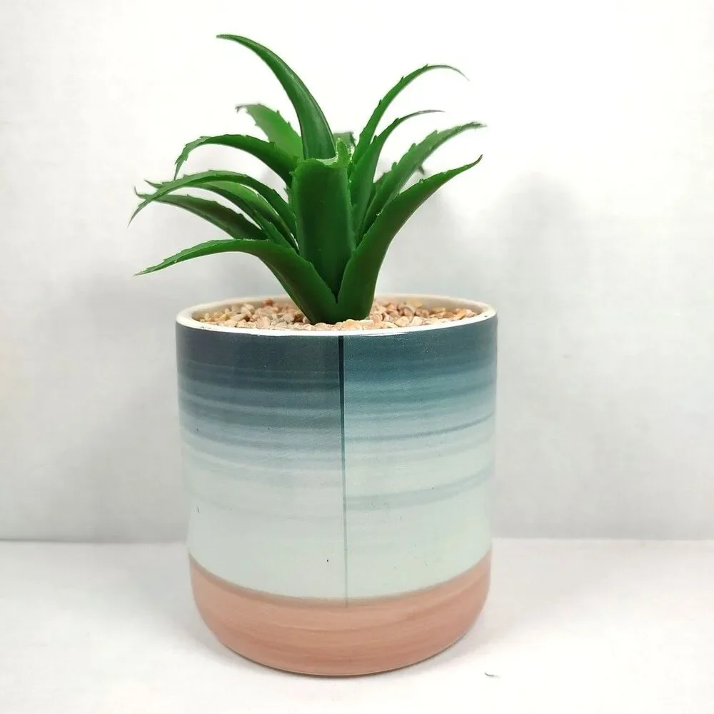 Artificial Succulent Potted Houseplant Cobat Blue White Pink Ceramic Pebbles New